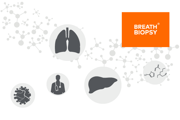 Illustration of Breath Biopsy and clinical applications in respiratory disease, liver disease and cancer