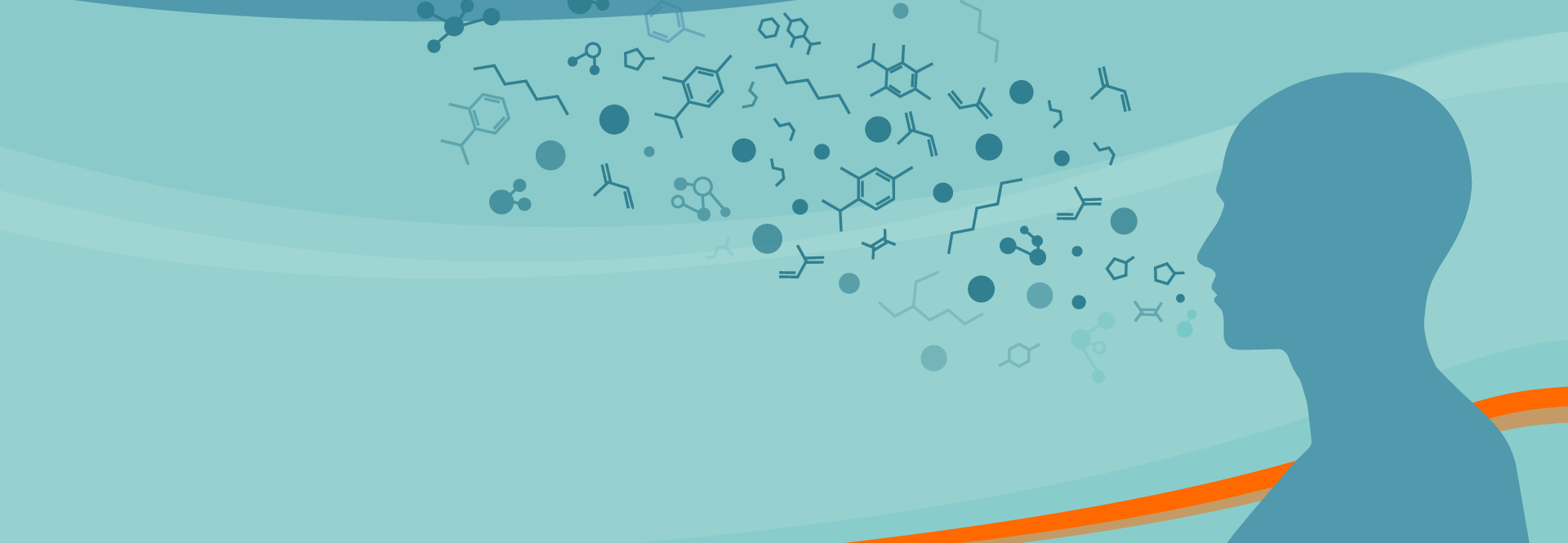Graphic of person breathing out molecules of hydrogen and methane
