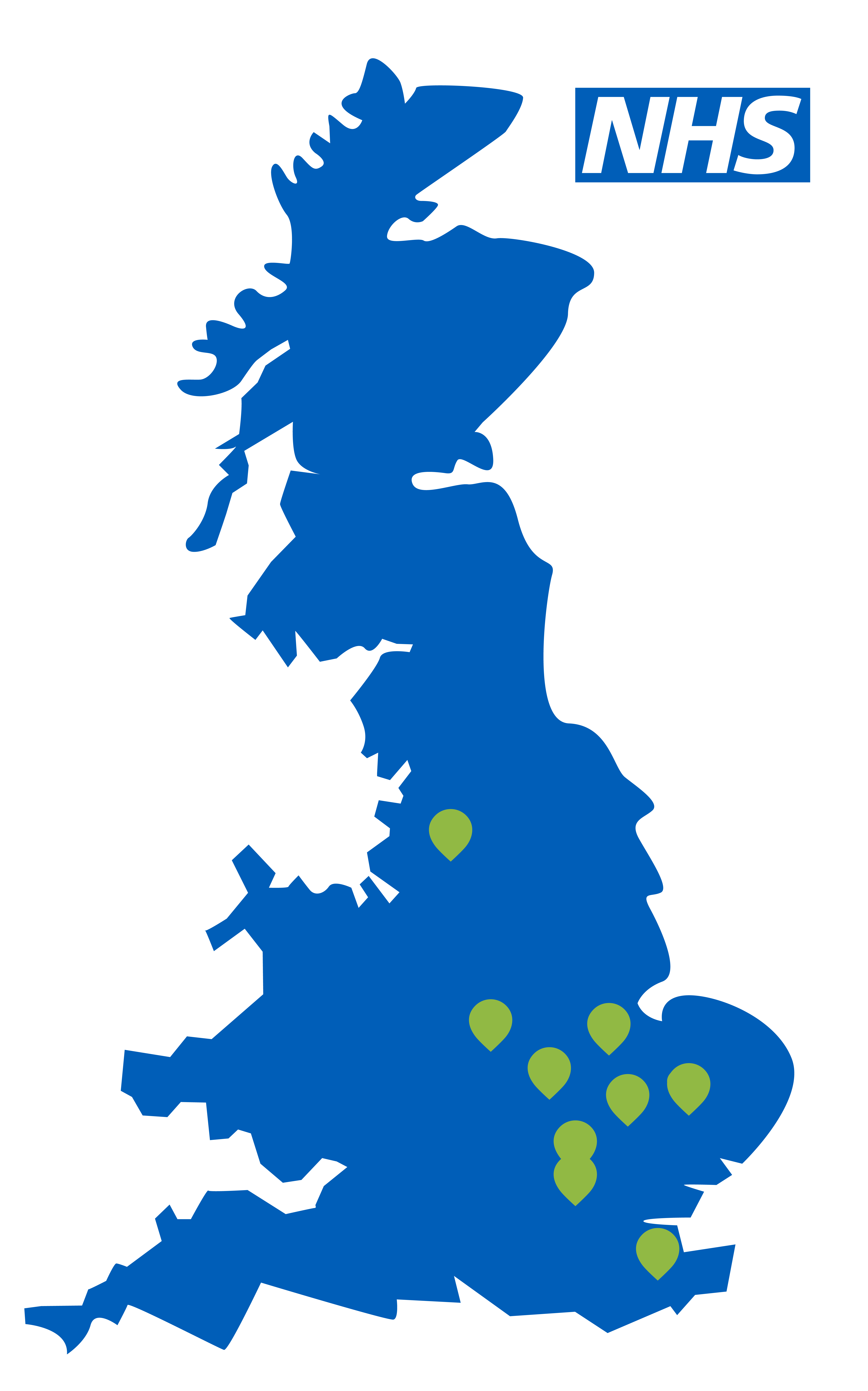 A UK map showing locations of NHS Trusts that use our HMBT services