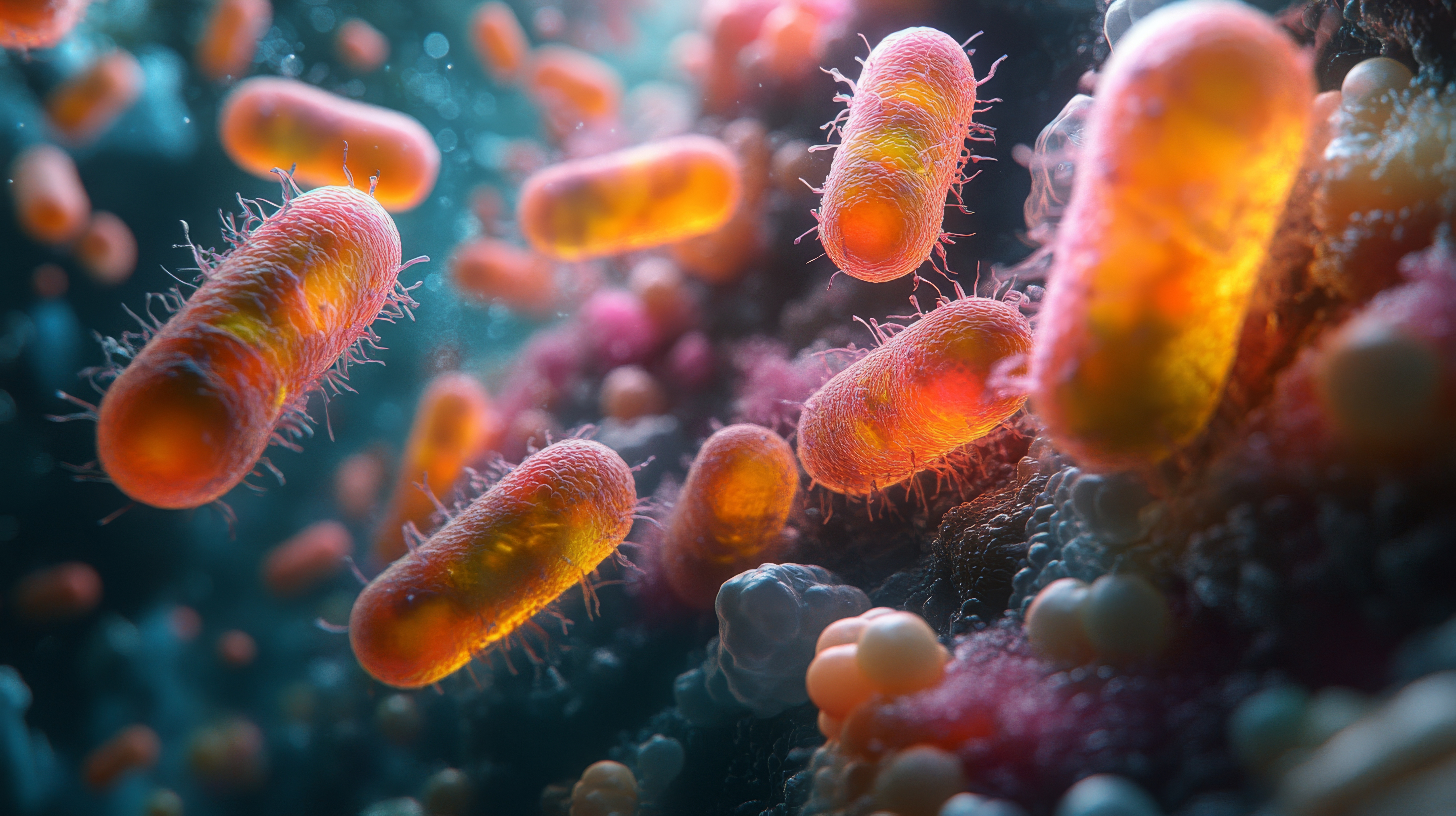 This visual representation shows various bacterial populations within the human gut microbiome, highlighting their diversity and interactions in a vibrant manner.